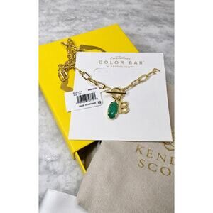 Kendra Scott Ellie Gold Letter Link Chain Emerald Cat Eye Color Bar Necklace NWT